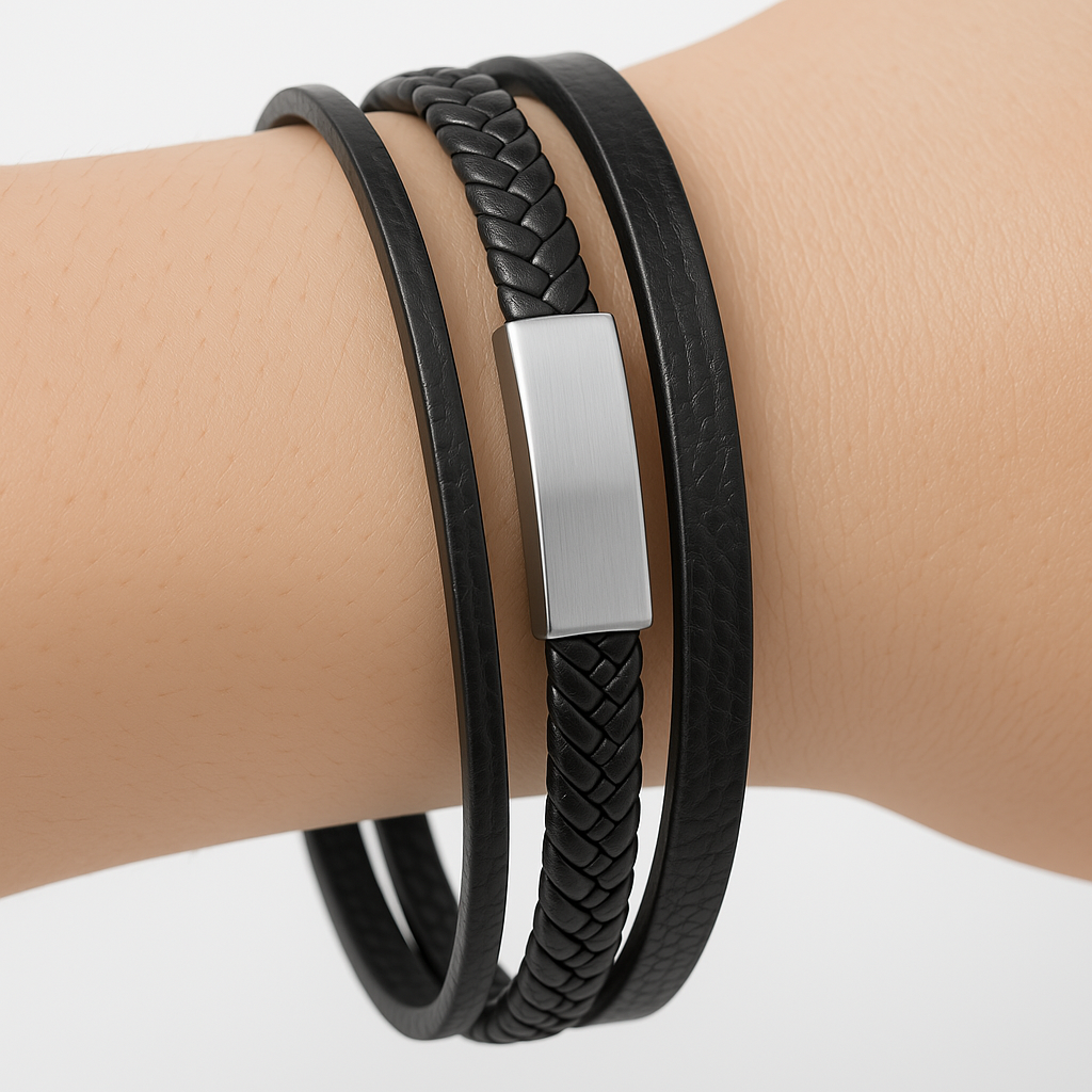 Pulseira masculina em couro preto e aço inox
